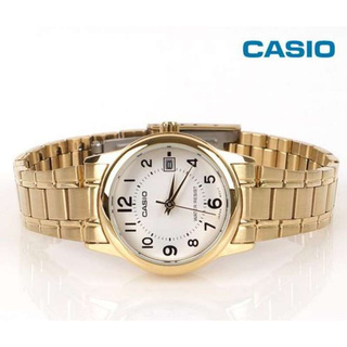 Casio Standard  รุ่น LTP-V002G-7BUDF นาฬิกาข้อมือผู้หญิง สายสแตนเลสสีทอง หน้าปัดขาว (สินค้าของแท้ 100% ประกันศูนย์ 1 ปี)