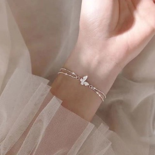 B9 สร้อยข้อมือเงิน จี้ผีเสื้อ สร้อยข้อมือ 2 ชั้น กำไลข้อมือ