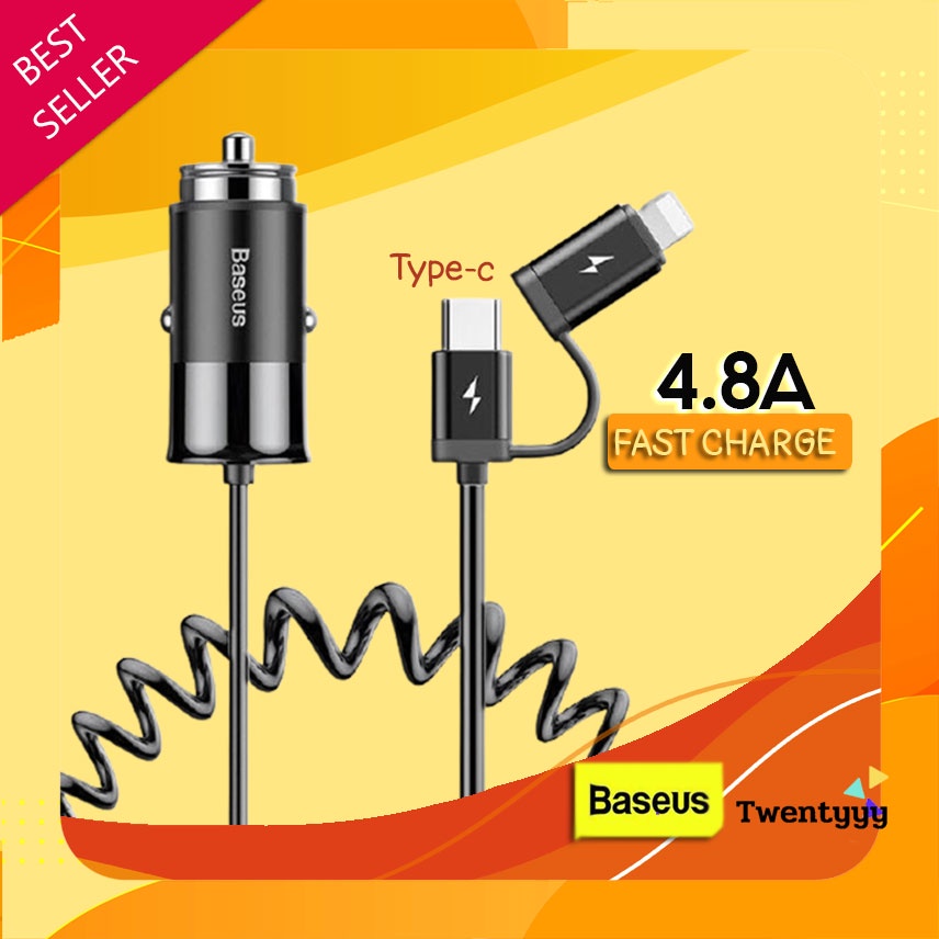 พร้อมส่ง⭐️ ถูก/แท้⭐️ Baseus 4.8A ที่ชาร์จในรถ พร้อมสาย 2in1 USB-C และ ไลดนิ้ง  Car Charge For ไอโฟน 