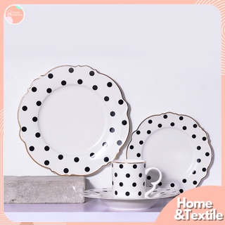 จานเซรามิค ลายจุดสีดำ ตัดขอบทอง รุ่นนี้น่ารักมาก [Sweet polka dots]