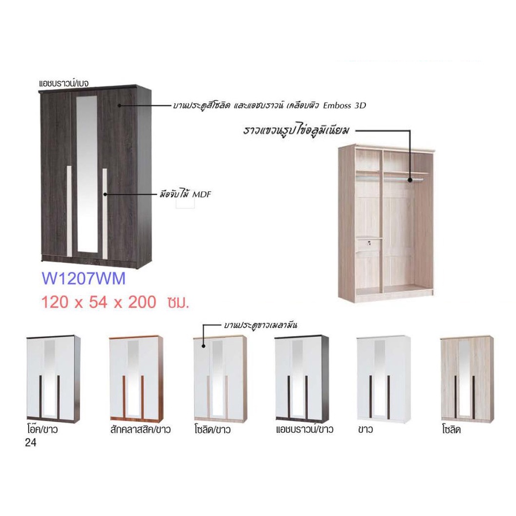 🎀W1207WM🎀ตู้เสื้อผ้า 4 ฟุตสูง 200ซม.(ตู้เสื้อผ้า 120ซม.)(สินค้าแพ็คกล่อง)