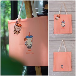 Boba Canvas ToteBag กระเป๋าผ้าแคนวาสลายชานมไข่มุก สีชมพู