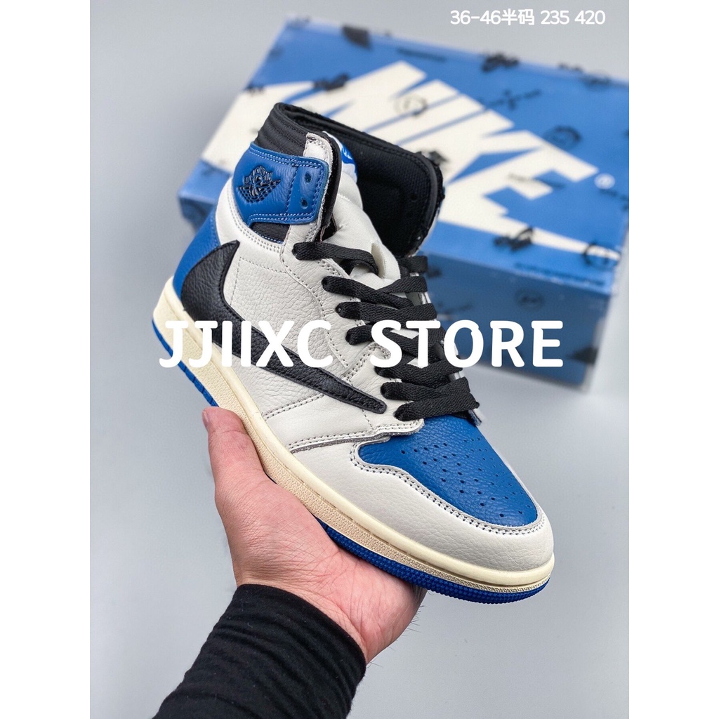 Jjiixc Store Fragment Design X Travis Scott X Nk Air Jordan 1 High Og Sp Military Blue Sneakers Basketball Shoes Yqst Shopee Thailand