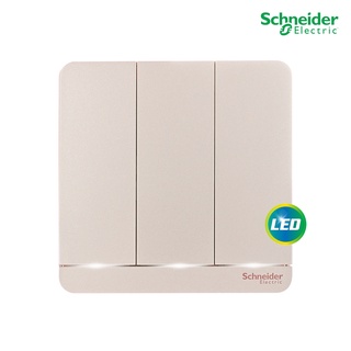 Schneider Electric : สวิตช์ไฟทางเดียว 3 ช่อง สีทอง มีไฟ LED 3 switches, 16AX, 250V, 1 Way, LED สีทอง : E8333L1LED_WG_G5