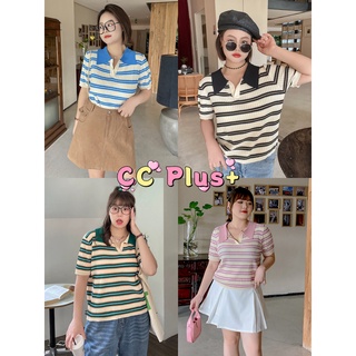 CiCi Plus+(22047-1)Crop plussize เสื้อครอปไหมพรมพลัสไซส์ลายทาง ทอร่อง สำหรับสาวอวบสไตล์เกาหลี