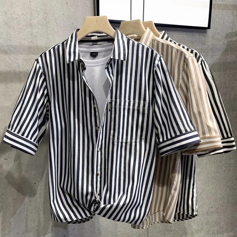 เสื้อเชิ้ิ้ตแขนสั้น ลายทาง แฟชั่นสำหรับผู้ชาย