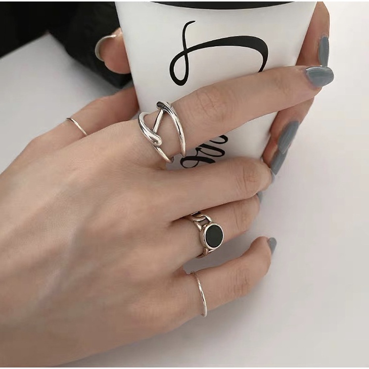 เปิดแหวนผู้หญิงเงินแท้ 925 พร้อมหินสีดําทรงกลมและบิดเงินขนาดใหญ่บุคลิกภาพสไตล์เกาหลี โบโฮ ไคล่า N76