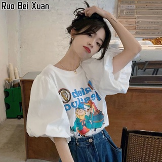 Ruo Bei Xuan เสื้อยืดแขนสั้นคอกลมแขนสั้นสไตล์เกาหลีสำหรับผู้หญิง