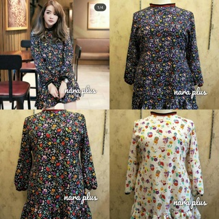 เสื้อผ้าคนอ้วน มินิเดรสคอกลมแขนยาวลายดอกไม้เล็กๆ  ลายสวยมากๆค่า