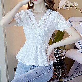 [Fashion] Super Fairy เสื้อเชิ้ต ขนาดเล็ก / ฤดูใบไม้ผลิ ฤดูร้อน สไตล์ใหม่ เอวบางลง ดูเล็ก เสื้อเชิ้ตอารมณ์ / สีขาว เวอร์ชั่นเกาหลี คลุมท้อง เสื้อลูกไม้ ผู้หญิง
