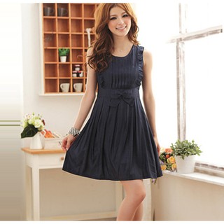 CLEARANCE! ชุดเดรสแฟชั่นแขนกุด แต่งระบายแขนเสื้อ dress e734