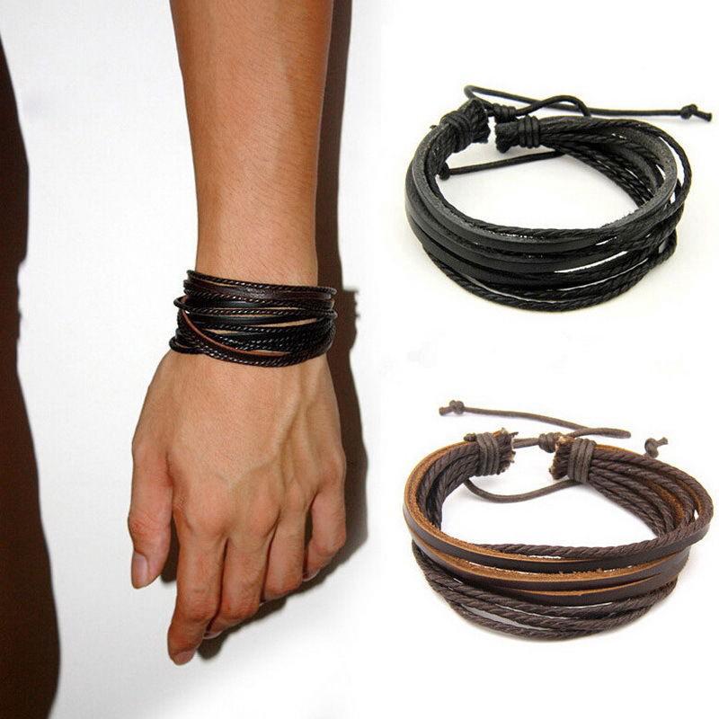 สร้อยข้อมือ หนังวัวแท้ มีหลายเส้นในชิ้นเดียว แฟชั่นสำหรับผู้หญิงและผู้ชาย