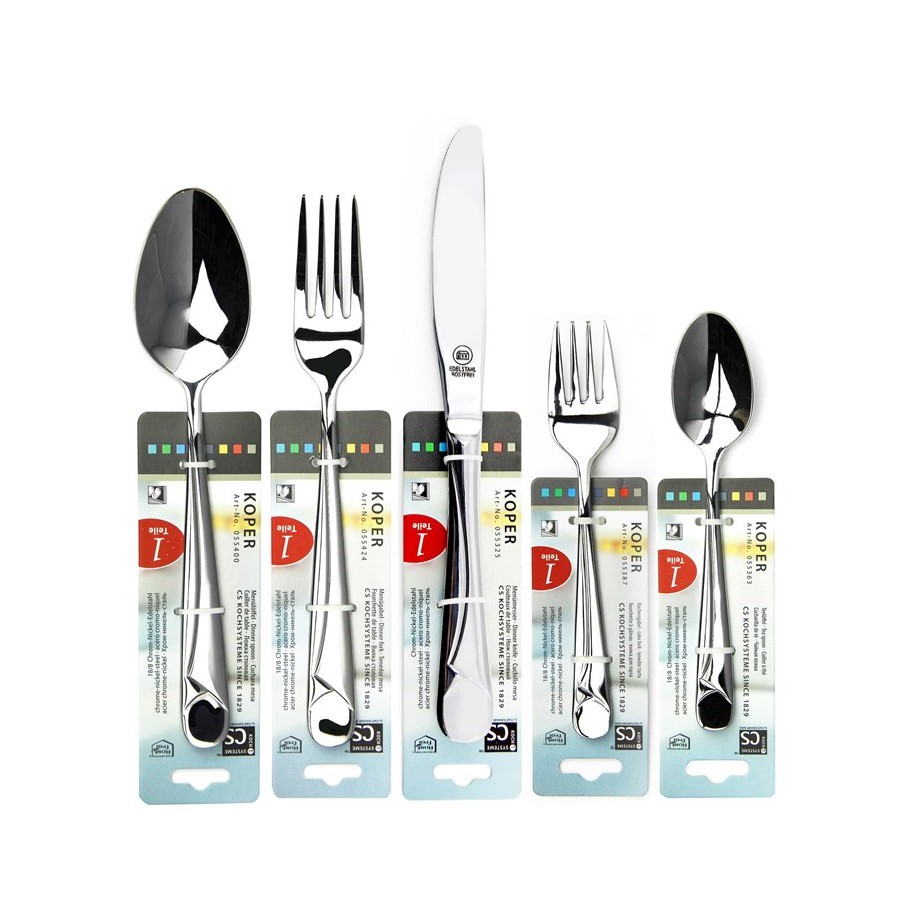 ชุดช้อนส้อม CS (หนา 3 มม) พร้อมมีด ส้อมเค้ก ช้อนชาสแตนเลสปลายกลม รุ่น KOPER (Stainless)