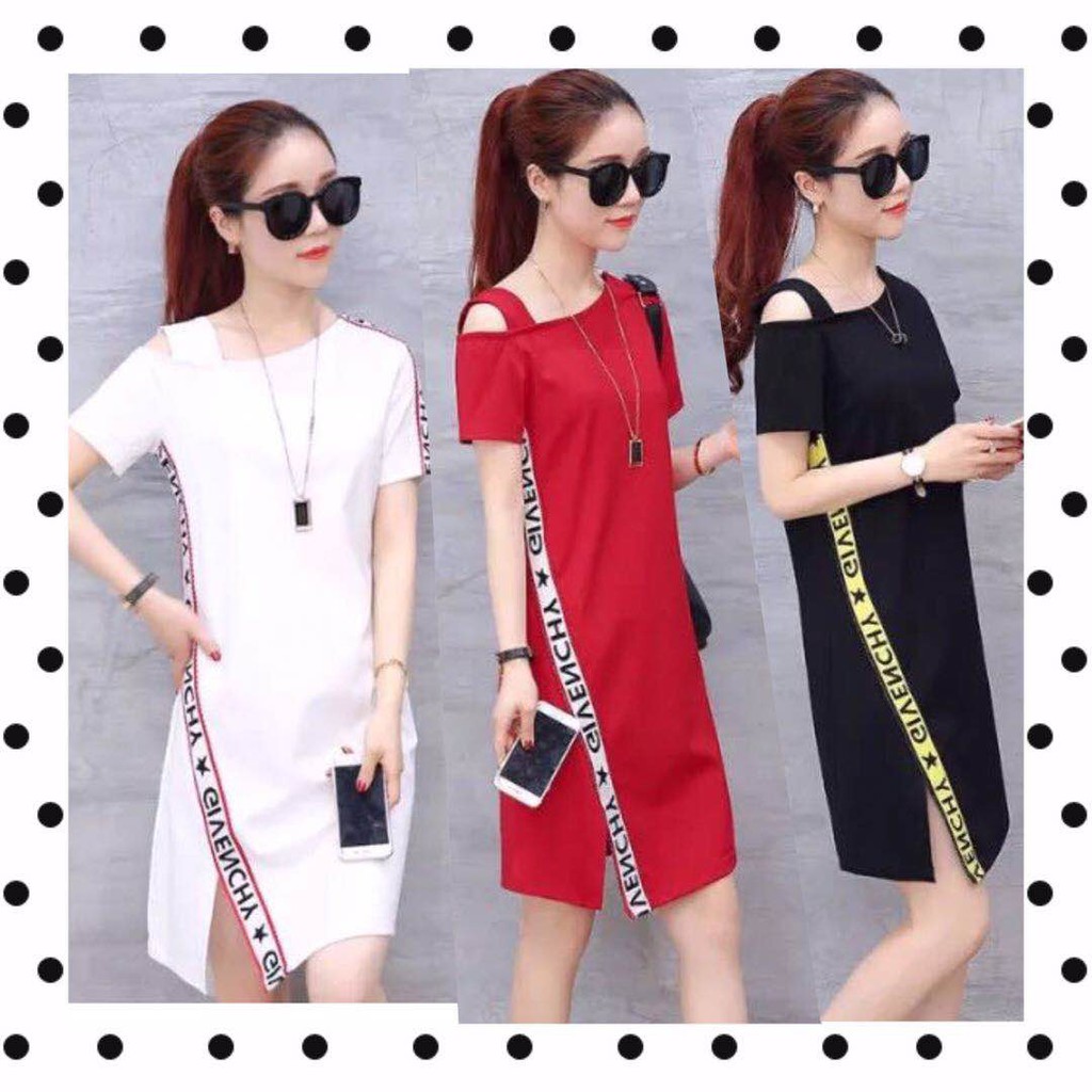 ชุดเดรสสั้น เปิดไหล่ ผ่าข้าง แฟชั่น เกาหลี พร้อมส่ง รุ่น