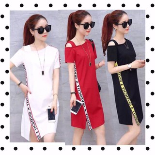 ชุดเดรสสั้น เปิดไหล่ ผ่าข้าง แฟชั่น เกาหลี พร้อมส่ง รุ่น 2738