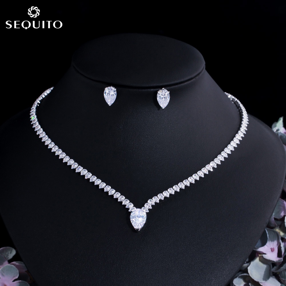 SEQUITO ที่ละเอียดอ่อนเงา Cubic Zirconia Choker สร้อยคอต่างหูสตั๊ดชุดเครื่องประดับสําหรับผู้หญิงชุดแต่งงานอุปกรณ์เสริม JS150