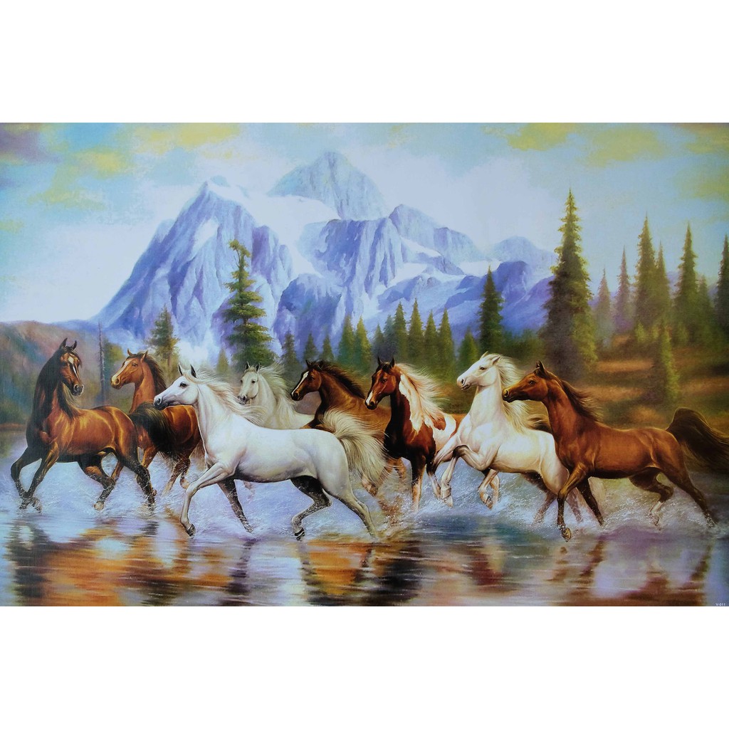 โปสเตอร์ ภาพวาด ม้าวิ่ง ม้ามงคล ม้า8ตัว ภาพมงคล เสริมฮวงจุ้ย Horse River Running POSTER 24”x35” Inch Painting V2