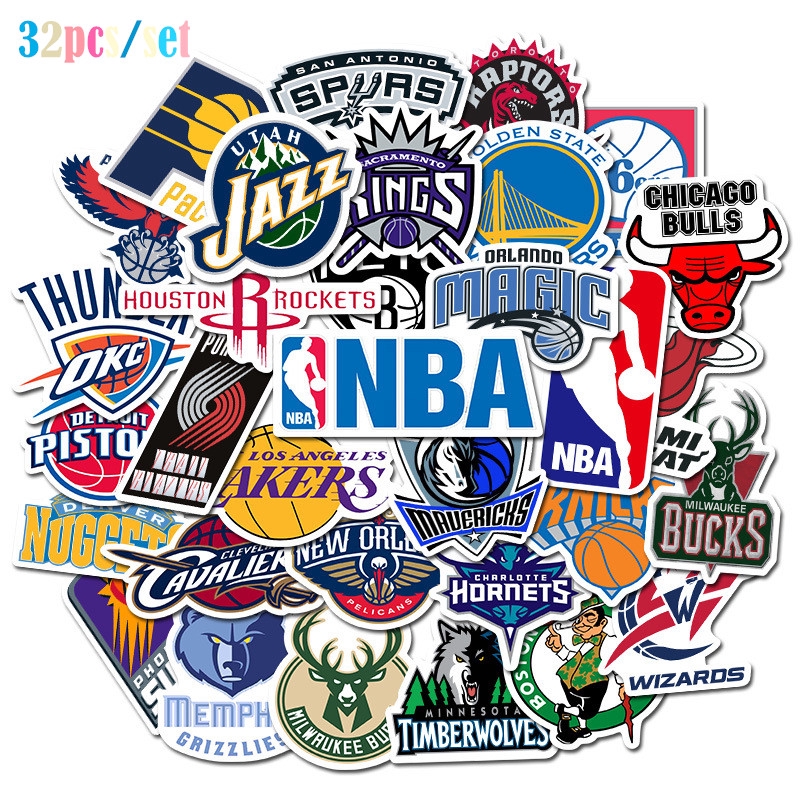 สติกเกอร์โลโก้ NBA Basketball Team heat bulls rockets Jas lakers Doodle สําหรับติดตกแต่งรถจักรยานยนต์ โทรศัพท์มือถือ แล็ปท็อป กระเป๋าเดินทาง 32 ชิ้น ต่อชุด