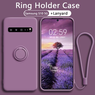 เคส Samsung Galaxy S10 5G S10 Plus S10E สุดหรู Case เคสซิลิโคนเหลวพร้อมที่ใส่แหวนแม่เหล็กเชือกเส้นเล็กฟรีสำหรับ Galaxy ที่วางแหวนที่วางฝาครอบสายคล้องเชือกผู้ถือแม่เหล็ก