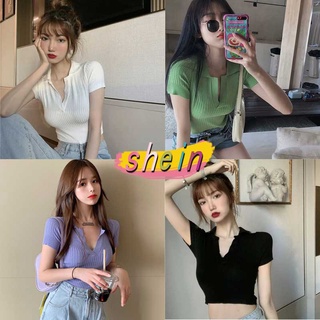 Shein🔥 เสื้อครอปผู้หญิง แขนสั้น สวยเก๋ อกV ผ้านิ่มมาก เสื้อผ้าเเฟชั่น เสื้อเเฟชั่น 3008