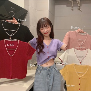 🌼(พร้อมส่ง/ใหม่) เสื้อไหมพรมครอปแขนสั้น คอวี กระดุมหน้าใส่สบายมาก เสื้อครอปสุดน่ารัก ผ้าดี เสื้อสุดฮิต ฟรีไซส์🌟