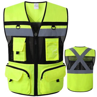 High Vis Ansi เสื้อกั๊กผ้าตาข่ายสะท้อนแสงเพื่อความปลอดภัยสําหรับผู้ชายและผู้หญิง 9 กระเป๋า