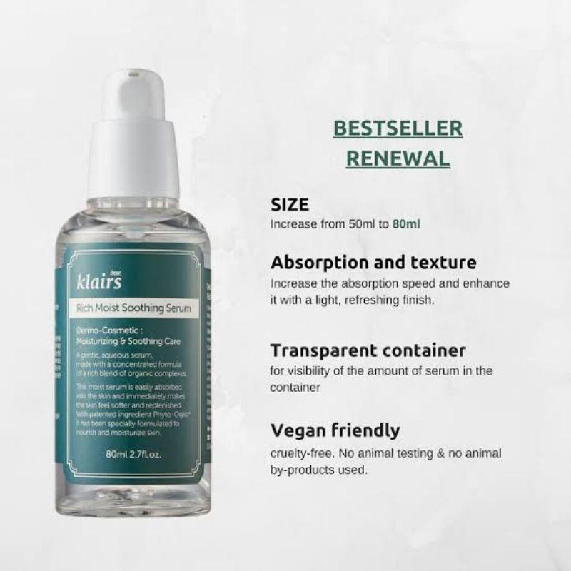 สาย Vegan ห้ามพลาด!! Dear Klairs Rich Moist Soothing Serum 80 ml.