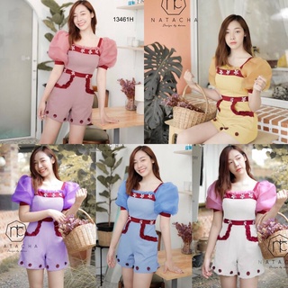 MM13461 จั๊มสูทขาสั้น คอยู ทรงแขนพองผ้าแก้ว ติดดอกไม้รอบตัว Short-sleeved jumpsuit, U-neck, puffed sleeves, glass cloth