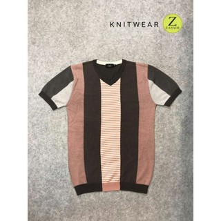 Knitwear Zasum🔸แขนสั้นคอวีตัดต่อเส้นลาย retro style🔸สีโอลด์โรส🔸เสื้อไหมพรมถักทอด้วยCotton100% ผ้านุ่มใส่สบาย