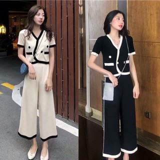 ราคาCicishop(พร้อมส่ง)(6502)Set เสื้อแขนสั้นแต่งคอเบี่ยงกระดุมดำ+กางเกงขายาว ผ้าไนลอน แต่งสีทูโทน