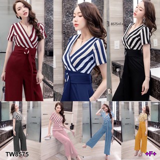 J8575 Jumpsuit จั๊มสูท คอวีไขว้ลายริ้วกางเกงสีพื้น + สายเข็มขัด