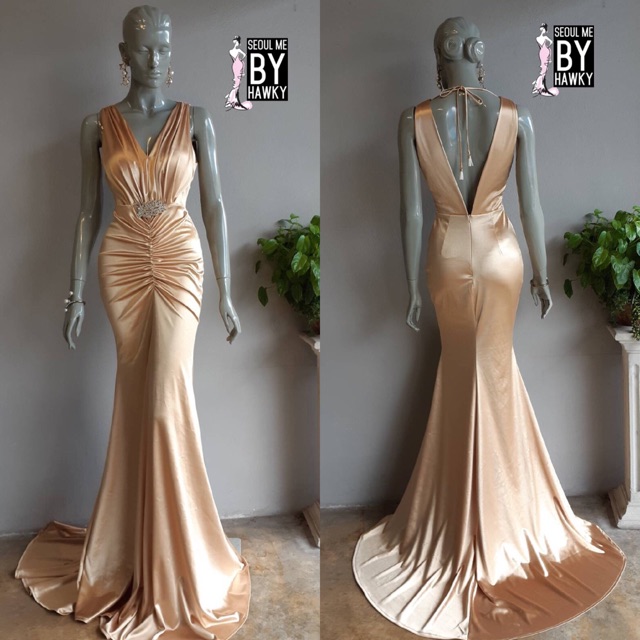 เดรสยาว คอว ผ กคอ แหวกหล ง ช ดราตร ส ทอง Shopee Thailand