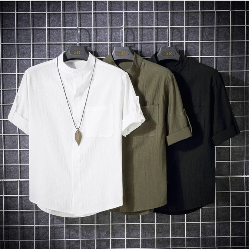 เสื้อโปโลแขนสั้น แขน 3/4 ผ้าลินิน สีขาว ทรงหลวม สไตล์เกาหลี สําหรับผู้ชาย (M-3XL)