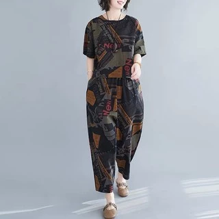 ชุดเซตผู้หญิง สองชิ้น เสื้อเเขนสั้น+างเกง9ส่วน พิมลาย ผ้านิ่มใส่สบาย128