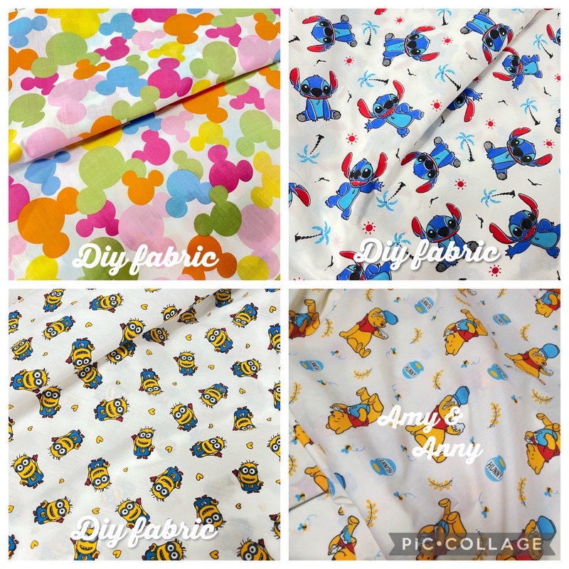 ผ้าคอตตอนทีซี คอตตอนผสม TC พิมพ์ลาย หมีพู คิตตี้ สนูปี้ ลายการ์ตูน kitty snoopy pooh หลา เมตร ตัดชุด
