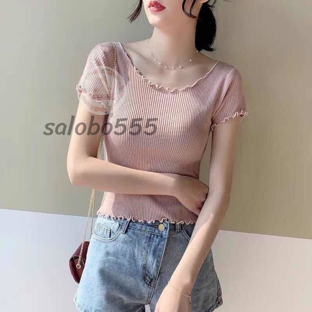 SALABO(พร้อมส่ง)เสื้อไหมพรมแขนหยัก เข้ารูปใส่สบาย ผ้านิ่มยืดหยุ่นสูง น่ารักมาก (พร้อมส่ง) #9915