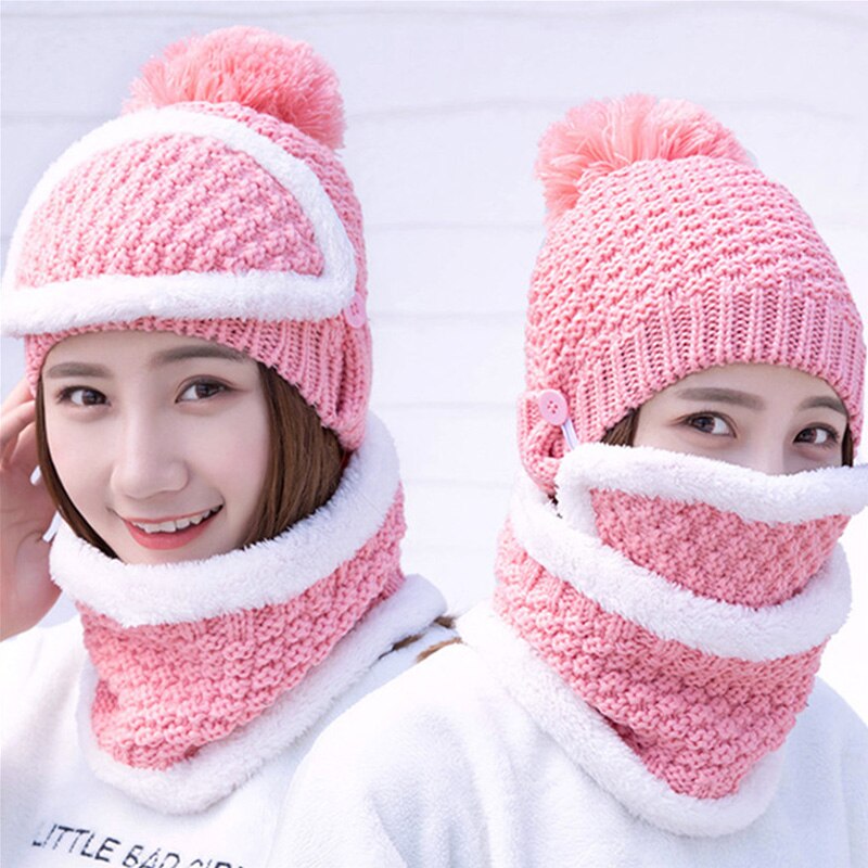 New Winter Knitted Hat Scarf Caps Set For Women Thick Beanies Caps Ear