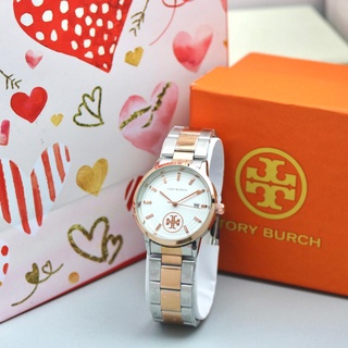 Tory BURCH นาฬิกาข้อมือ อะนาล็อก สายโซ่ แสดงวันที่ 3.8 ซม. พร้อมกล่อง และถุงกระดาษ ของแท้ สําหรับผู้หญิง