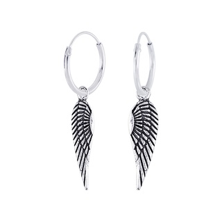 SILVER  THAI  Angel wing hoop earrings with feather charms silverต่างหูห่วงปีกนางฟ้าพร้อมจี้ขนนกเงินแท้925