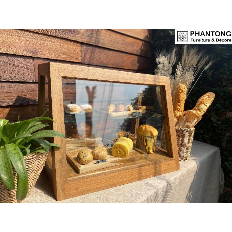 (พร้อมส่ง!! งานไม้สักคัดลาย) ตู้ขนม ตู้โชว์ขนม ตู้โชว์อาหาร เบเกอรี่ 60x38x50 พร้อมไฟLEDสีส้ม #ตู้ไม