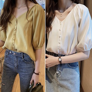 เสื้อลำลองสำหรับสตรีผ้าชีฟองคอวีแขนสั้นสีพื้น