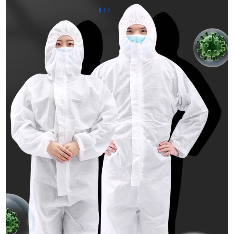 ชุด PPE สีขาวชุดป้องกันเชื้อโรค ชุดป้องกันฝุ่นละอองสารเคมีชุดป้องกันส่วนบุคคล ชุดหมีสีขาว