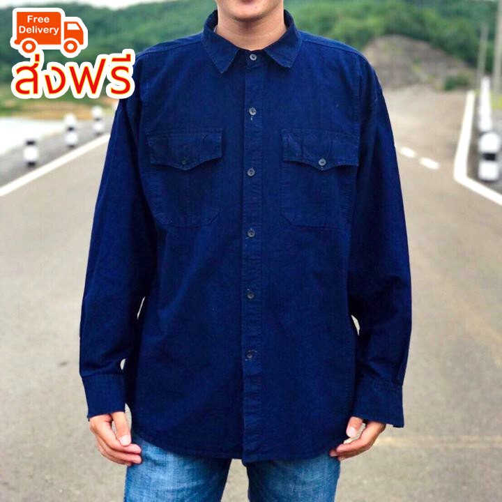 เสื้อเชิ๊ตม่อฮ่อมแบบดั้งเดิม คอปก กระดุมธรรมดา 2 กระเป๋า แขนยาว (มีฝาปิดกระเป๋า) IQ57