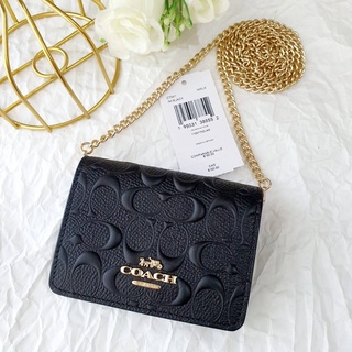 💚แท้💯 พร้อมส่ง💚ใส่บัตร ครอสบอดี้  มีสายโซ่ ถอดได้ ขนาด 4 นิ้ว COACH C7361 MINI WALLET ON A CHAIN IN SIGNATURE LEATHER