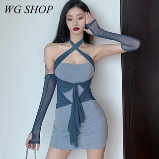 Wg SHOP พร้อมส่ง ชุดเดรสแขนยาว ผ้าตาข่าย เซ็กซี่ สไตล์เกาหลี สําหรับผู้หญิง