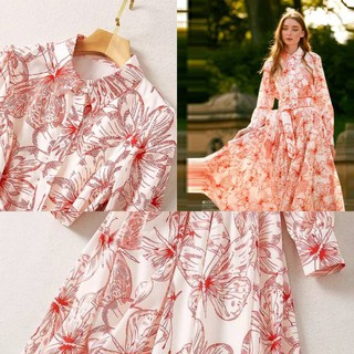 ชุดเดรส แขนยาว ผ้า silk italy พิมลายเเมลง+เข็มขัด