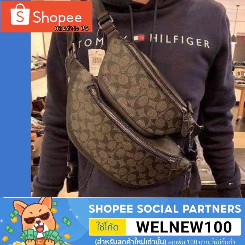 #F78777#F84711#coachแท้💯%Coach Rivington Belt Bag F78777 F84711With Signature Canvas With Coach Patc