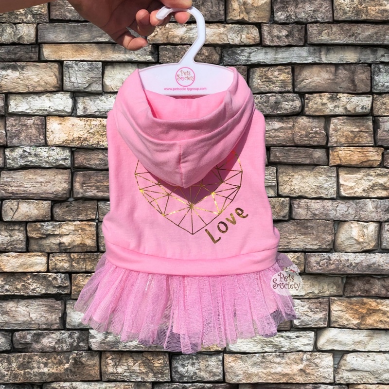 PetSociety เสื้อสุนัข-แมว เสื้อมีหมวกแขนกุด แต่งลายหัวใจสีทอง - สีชมพู