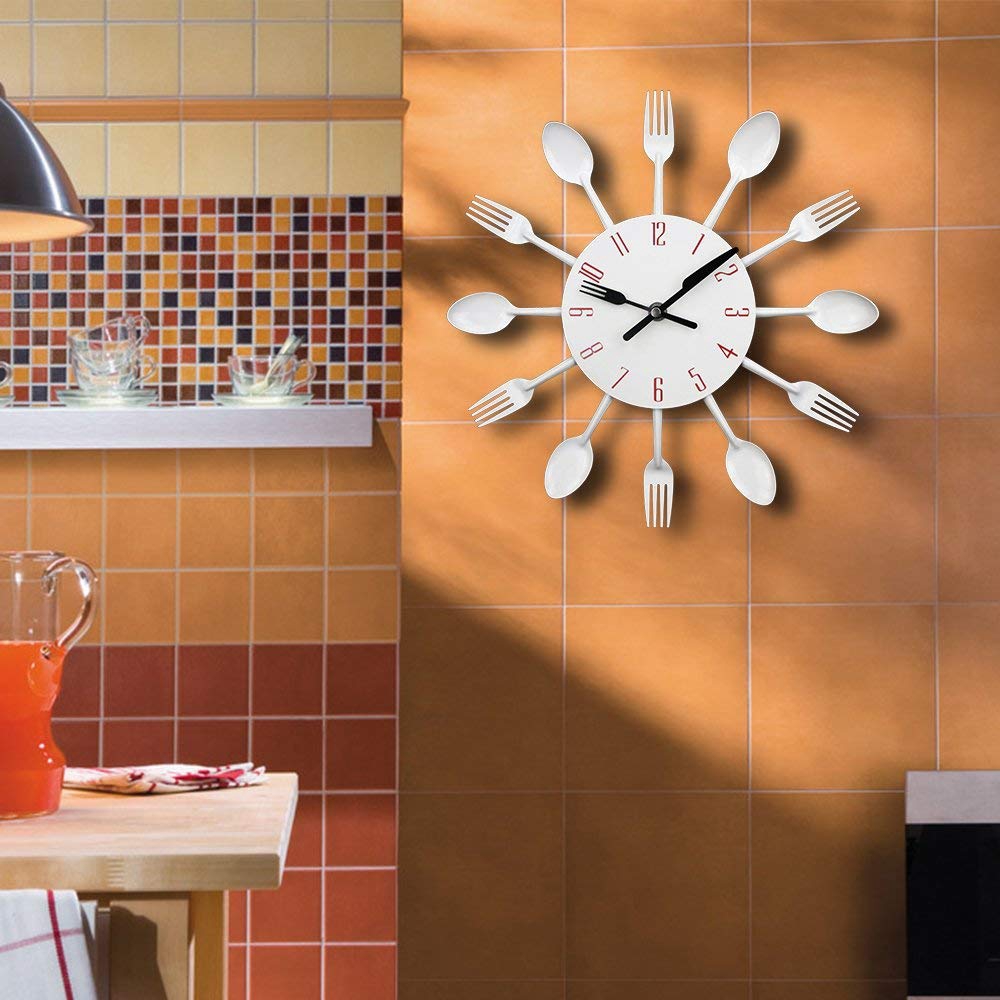 Kitchen Wall Clock, Timelike 3D Removable Modern Cutlery Kitchen Spoon
