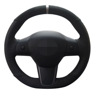 Tesla อุปกรณ์เสริมCar Steering Wheel Cover Handstitched Soft Black Genuine Leather Suede For Tesla Model 3 2015 Model Yอ